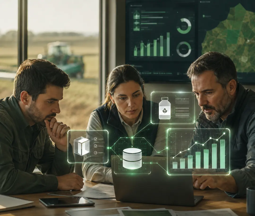 Equipo agrícola revisando información de inventario y operación